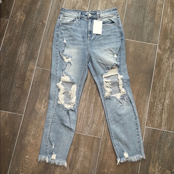 Cello High Rise Straight Distressed Jeans in Light Blue - Picture 1 of 12